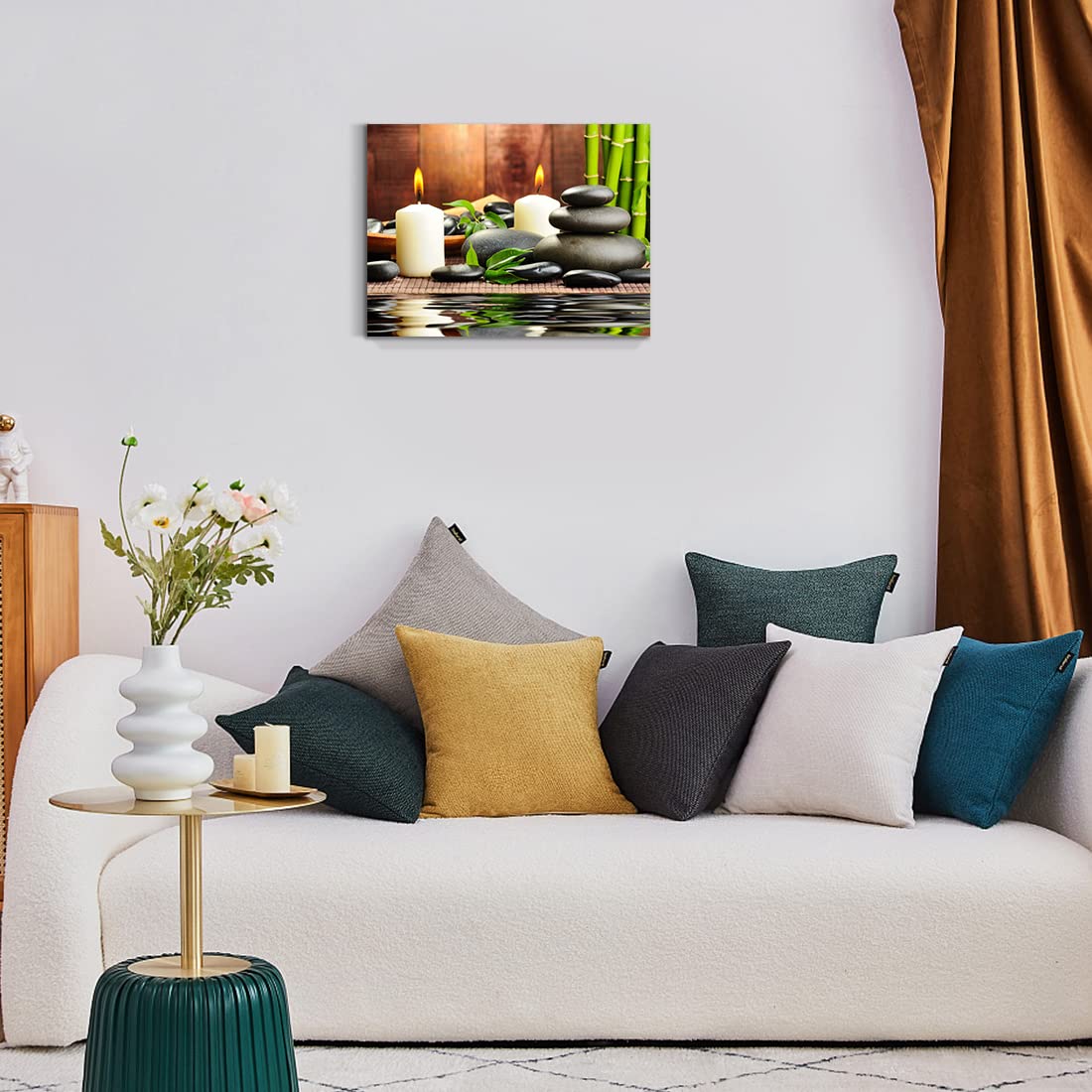 QTESPEII Zen Canvas Wall Art Paintings Decor Black Stone White Candle Green Bamboo Picture Posters for Spa Yoga Room Bathroom, Framed Modern Office Décor Home Walls Decoration, 12"x16"x 1Panel