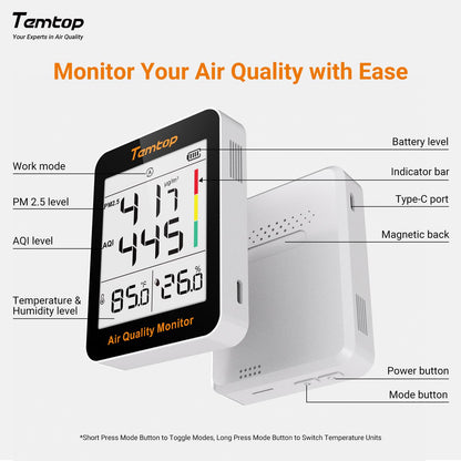 Temtop Air Quality Monitor PM2.5 Indoor Digital Hygrometer Thermometer Humidity Monitor for Home Office Bedroom Livingroom S1