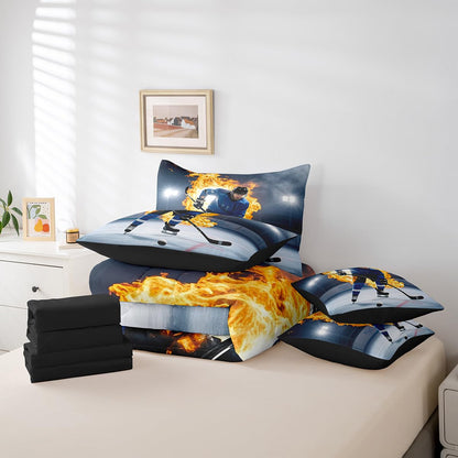 Erosebridal Teens Ice Hockey Bed in A Bag 7 Piece Puck Comforter Set Twin Size Sports Games Bedding Sets for Kids Teens Boys Girls Winter Match Grunge Sheet Set