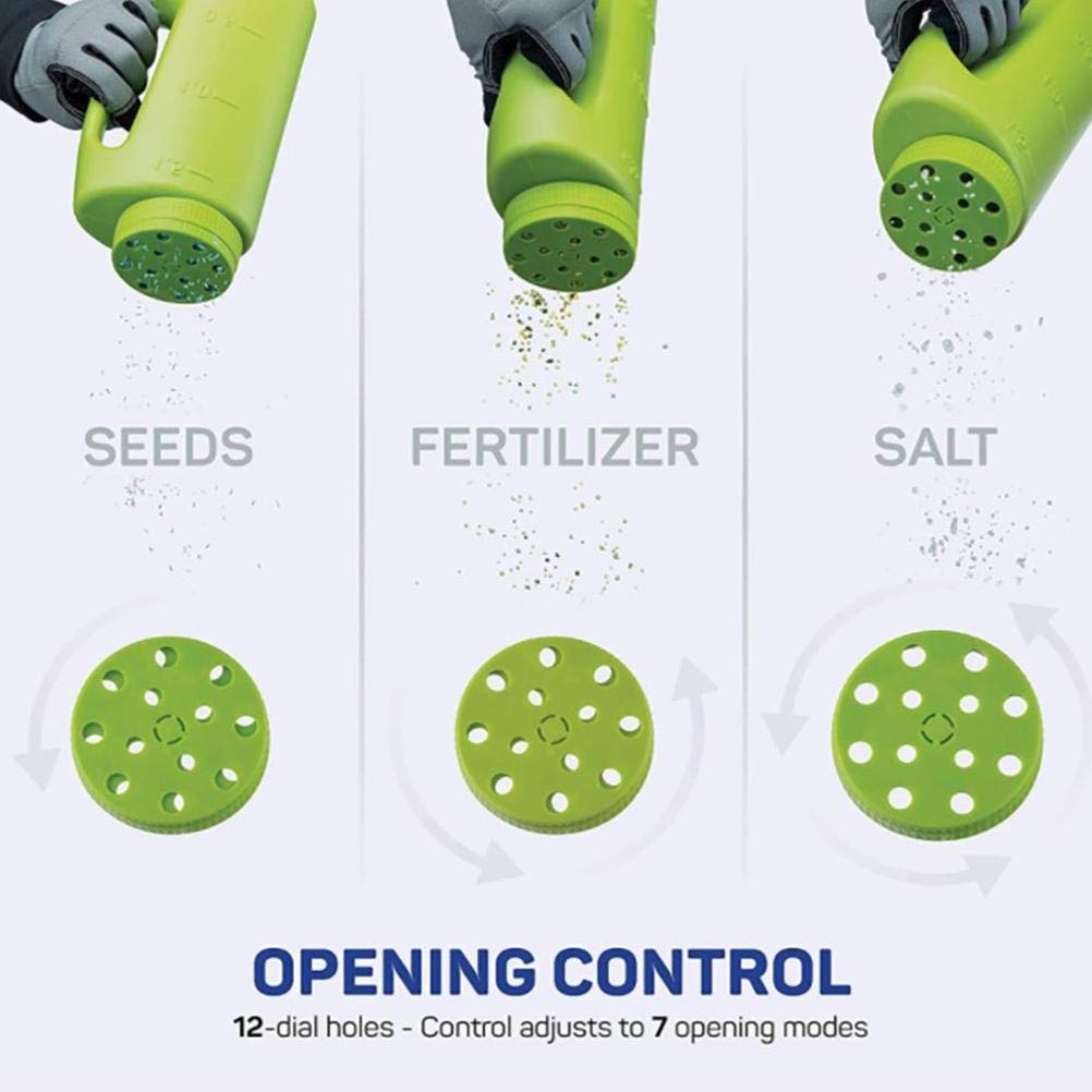 Thonlai Hand Held Spreader, Fertilizer Salt Spreader, Ice Salt Dispenser with Adjustable Hole Size Cover for Lawns Gardens Walkways (Green)