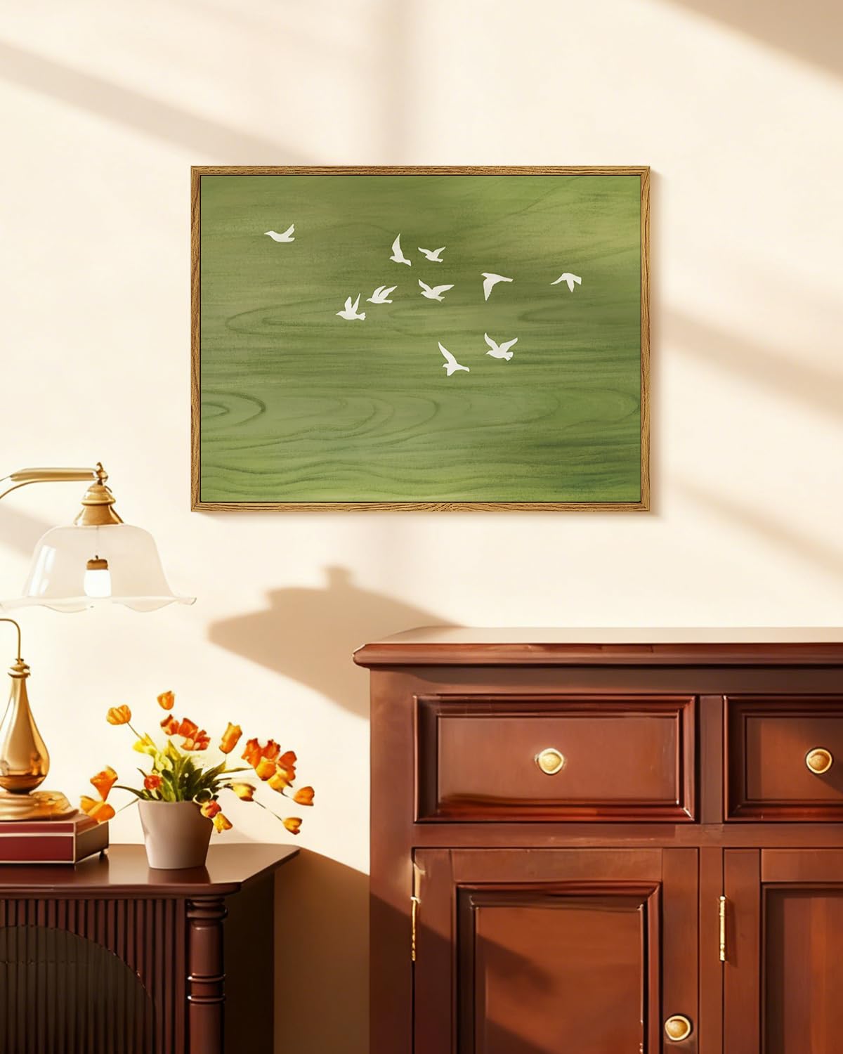 Peaceful Landscape 12x16 Zen Framed Canvas Wall Art, Abstract Minimalist Green Nature Print with Flying White Birds Painting, Modern Bedroom Office Home Farmhouse Calming Spaces Decor