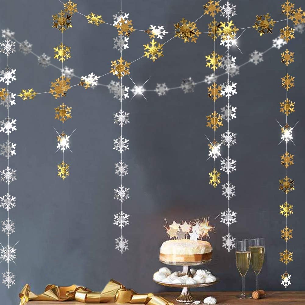 Cheerland Clearance Silver and Gold Snowflake Decorations Hanging Winter Birthday Party Garland Christmas Snowflakes Xmas Snow Flake Streamer Wall Backdrop Holiday Classroom Baby Showers Office Decor