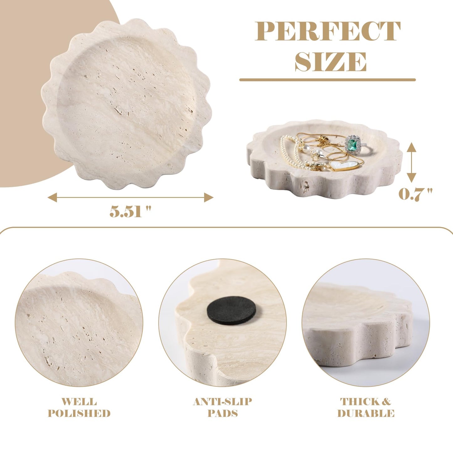 Koville 5.51" Travertine Tray, Natural Stone Trinket Dish for Ring Perfume, Round Scalloped Decorative Tray for Bathroom Vanity Dresser Countertop, Home Table Decor