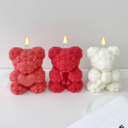 3 Pcs Silicone Fondant Mold Bowtie Rose Bear Silicone Mold 3D Cute Teddy Bear Candle Making Molds Vivid Animal Epoxy Resin Casting Mould for Home Decor