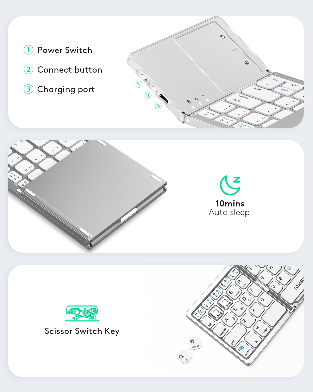 Samsers Foldable Bluetooth Keyboard with Touchpad - Portable Wireless Keyboard with Holder, Rechargeable Full Size Ultra Slim Pocket Folding Keyboards for Android Windows iOS Tablet & Laptop - Black