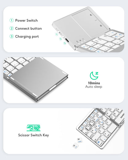 Samsers Foldable Bluetooth Keyboard with Touchpad - Portable Wireless Keyboard with Holder, Rechargeable Full Size Ultra Slim Pocket Folding Keyboards for Android Windows iOS Tablet & Laptop - Black