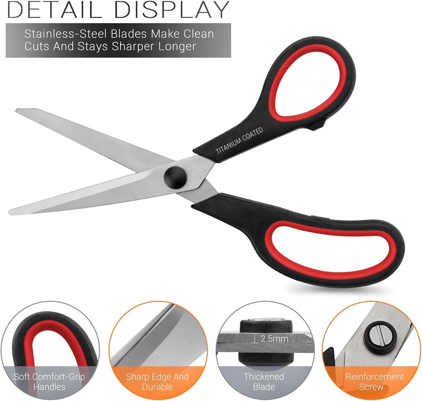 Scissors 8" Multipurpose Right/Left Handed Titanium Coated Sturdy Sharp Scissors for Office Home School Students