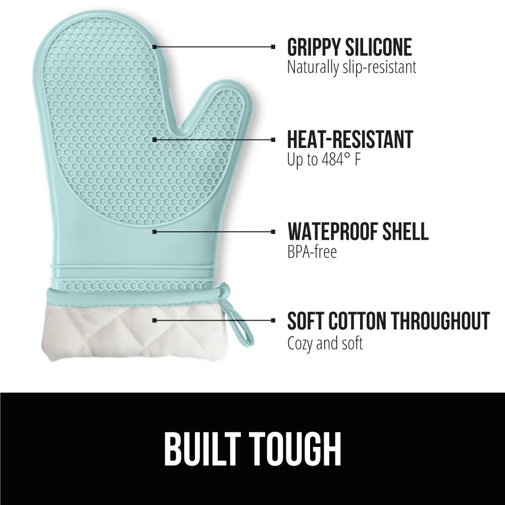GORILLA GRIP BPA-Free Soft Silicone Oven Mitts and Pot Holders Sets, Heat Resistant Waterproof Cooking Gloves, Thick Cotton Lining, Flexible Gripping for Baking Grilling, Kitchen Trivets, Turquoise