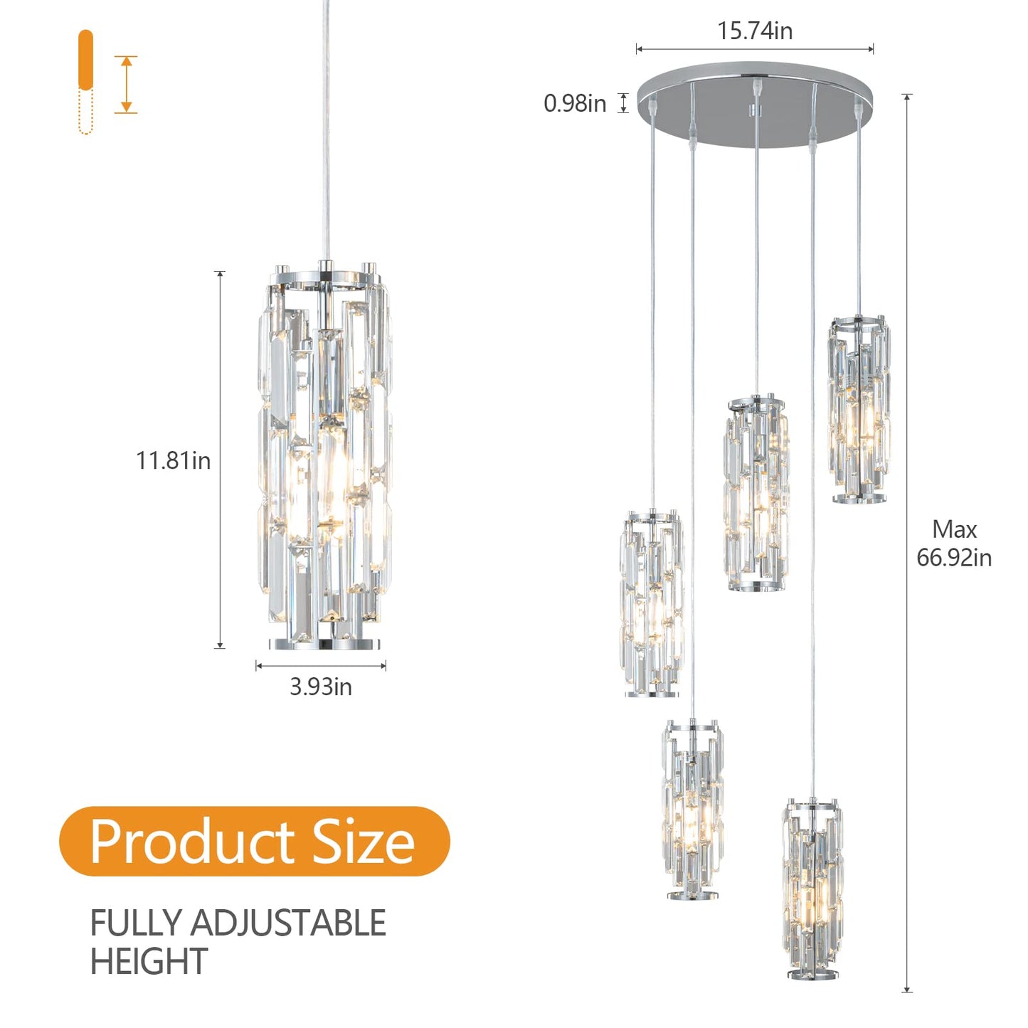 LMQNINE Pendant Light, Chrome Modern Pendant Light Fixtures, Mini Crystal Chandeliers, Adjustable 5-Light Pendant Lighting for Kitchen Island Dinning Room Bedroom (Chrome 5-Light)