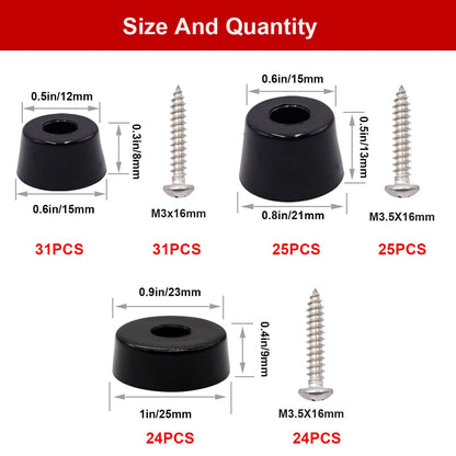 smseace 160PCS(3 Sizes) Black Rubber Feet for Cutting Board, Built-in Stainless Steel Washer and Screws, Soft, Non-Slip, Small Rubber Bumper Feet for Furniture Electronics, Tables, Sofas Etc