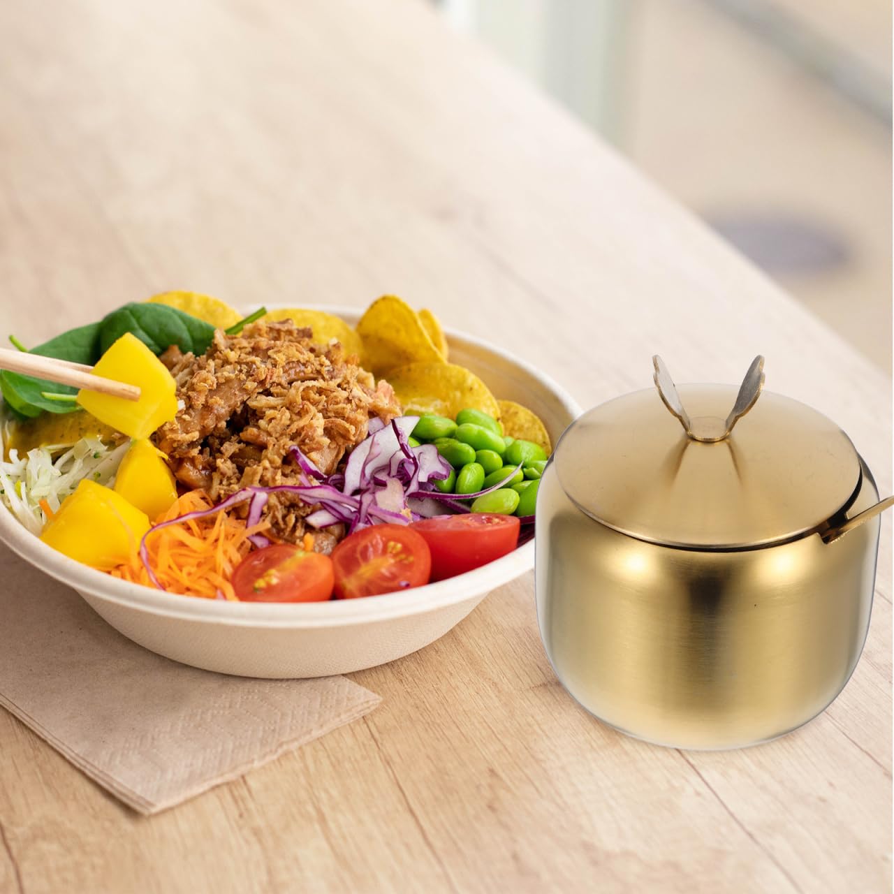 LABRIMP Sugar Bowl with Lid and Spoon Stainless Steel Seasoning Jar Condiment Pot Compact Spice Container for Home Kitchen Dining 3.74X3.34X3.34In