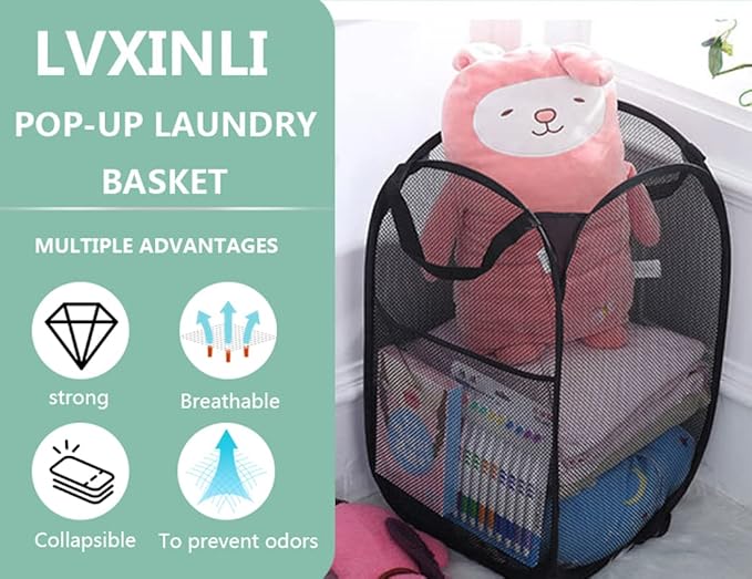 2 Pack Popup Laundry Hamper, Foldable Mesh Laundry Basket