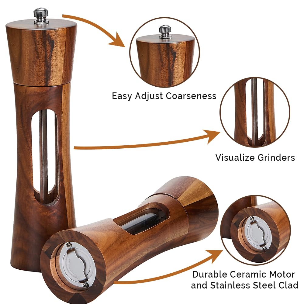 Wooden Salt and Pepper Grinder Set with Tray, 8 Inch Manual Salt & Pepper Shakers with Adjustable Coarseness, Salt and Pepper Mills