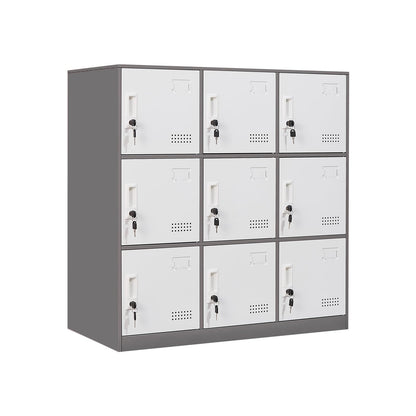 FURSTEL Student Locker Organizer, Multi-Door Steel Locker, Small Locking Cabinet Storage Organizer, Office File Cabinet, Home Locker, Gym Locker, Metal Storage Locker (9 Door, Grey & White)