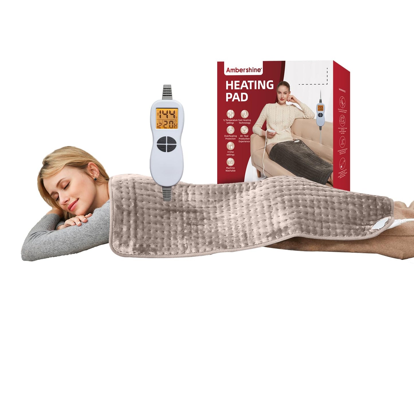Ambershine 17''x33'' XXXL King Size Heating Pad with 12 Temperature Settings & 4 Auto-Off Countdown Timers, Pain Relief for Back/Neck/Shoulders/Abdomen/Legs, Christmas Gifts for mom dad (Dark Gray)