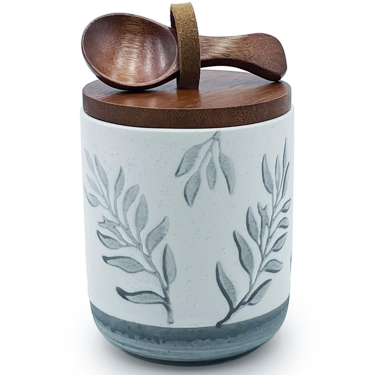 EWEIGEER 10oz Ceramic Airtight Food Storage Container with Wooden Spoon for Sugar,Matcha,Salt,Coffee,Spices,Cat Treat,Loose Leaf Tea(Gray-Green Olive Leaves)