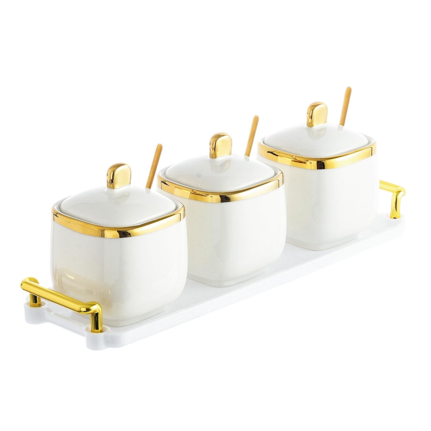 EABOSON 3 Pack Gold Condiment Spice Jars with Lids, Spoons, Tray - Ceramic Seasoning Box Set for Salt, Pepper, Sugar - Kitchen Storage