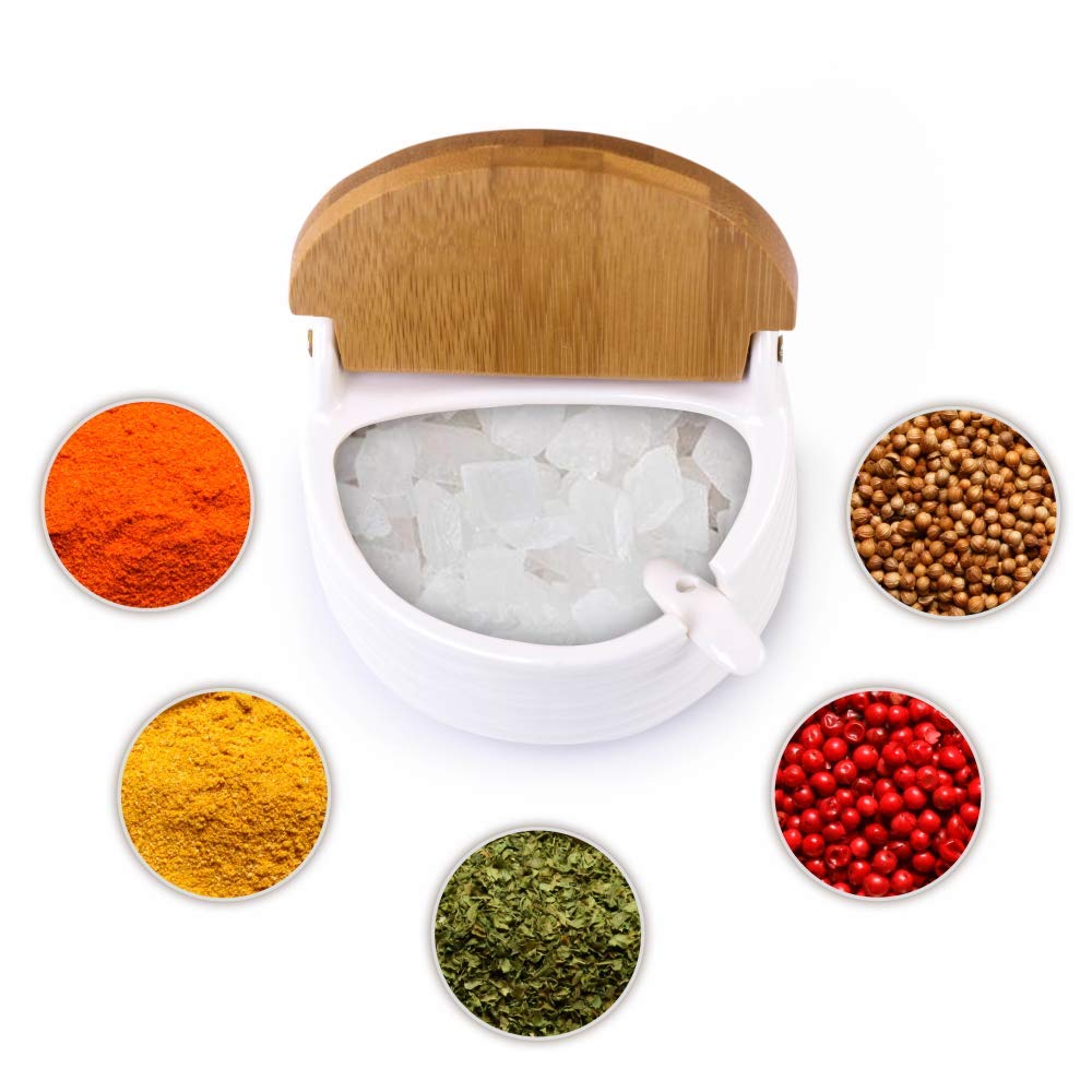 Ceramic Sugar Salt Bowl with Bamboo Lid and Spoon, LUCKY GODDNESS 9.1 fl oz Porcelain Container Jar for Pepper with Chalkboard Label, for Housewarming