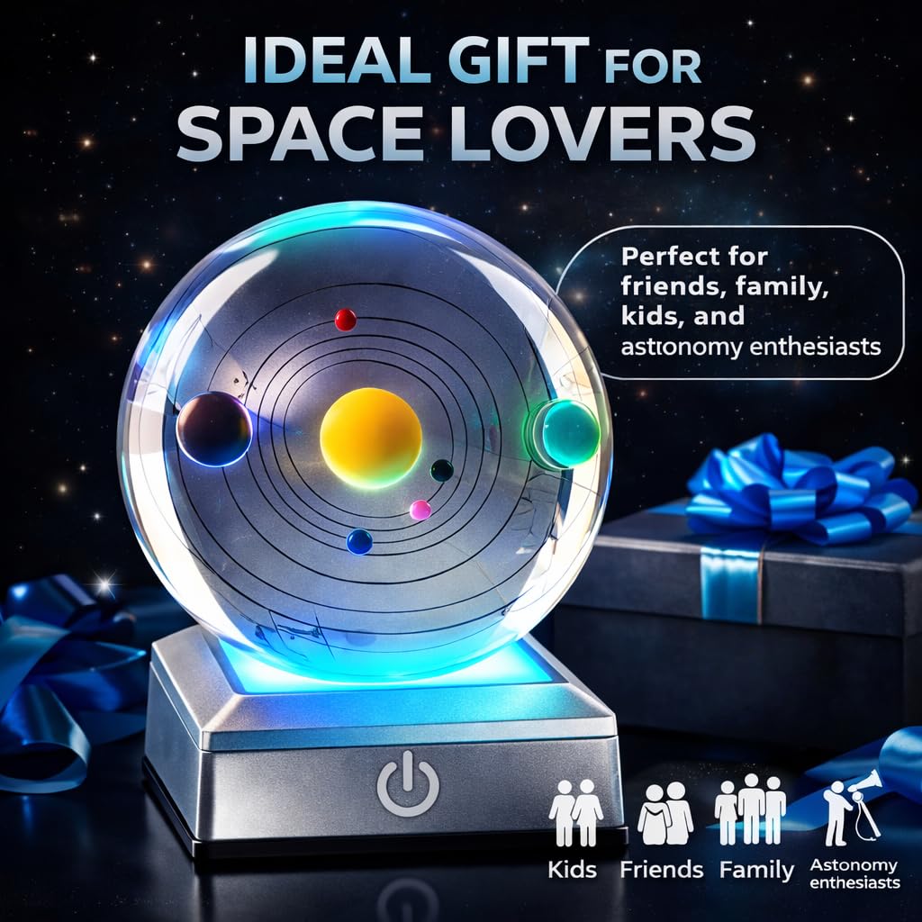 Zerelys 3D Crystal Ball Lamp Night Light, 3.15" Crystal Figurine Lamp Gifts for Women Wife Girlfriend Kid Romantic Room Decor, Birthday Gifts (3D Solar System)