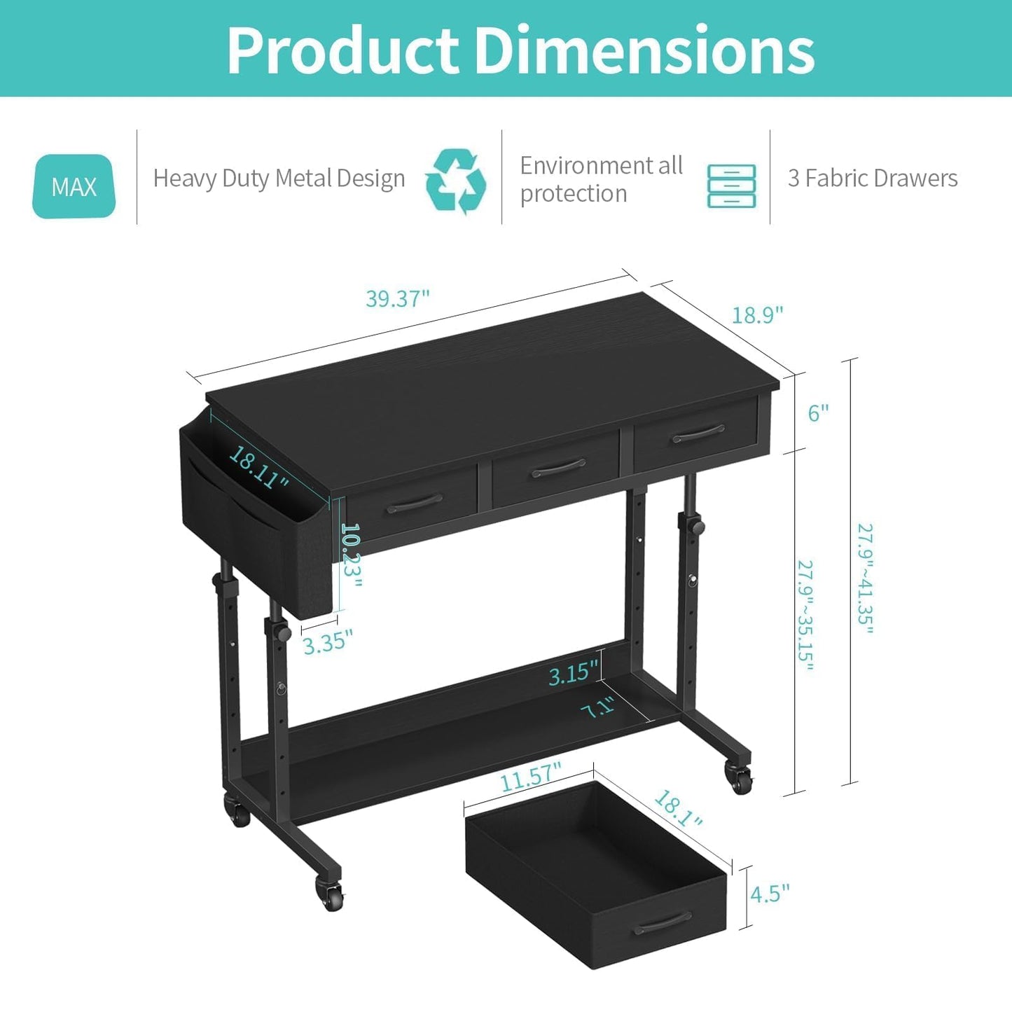 Rolling Standing Desk Adjustable Height with Drawers, 40 Inch Mobile Stand Up Portable Teacher Desks on Wheels for Classroom, Couch Sofa Side Laptop Table with Storage for Bedroom Home Office, Black