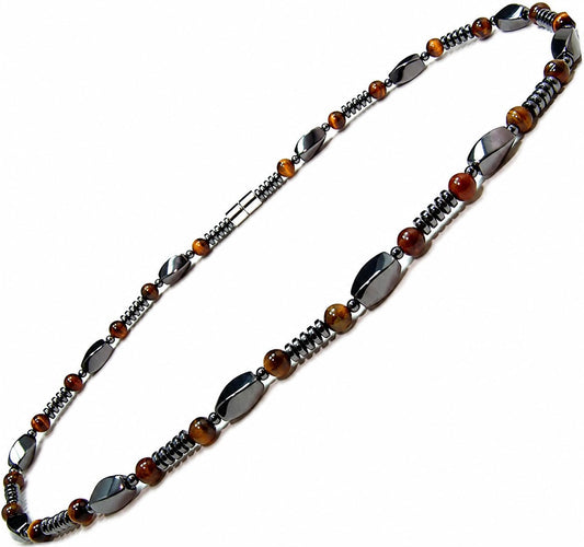Accents Kingdom Men's Tiger Eye & Hematite Necklace - Natural Stone Beaded Necklace with Magnetic Clasp, Modern Masculine Jewelry for Casual, Business & Golf Wear, 20"