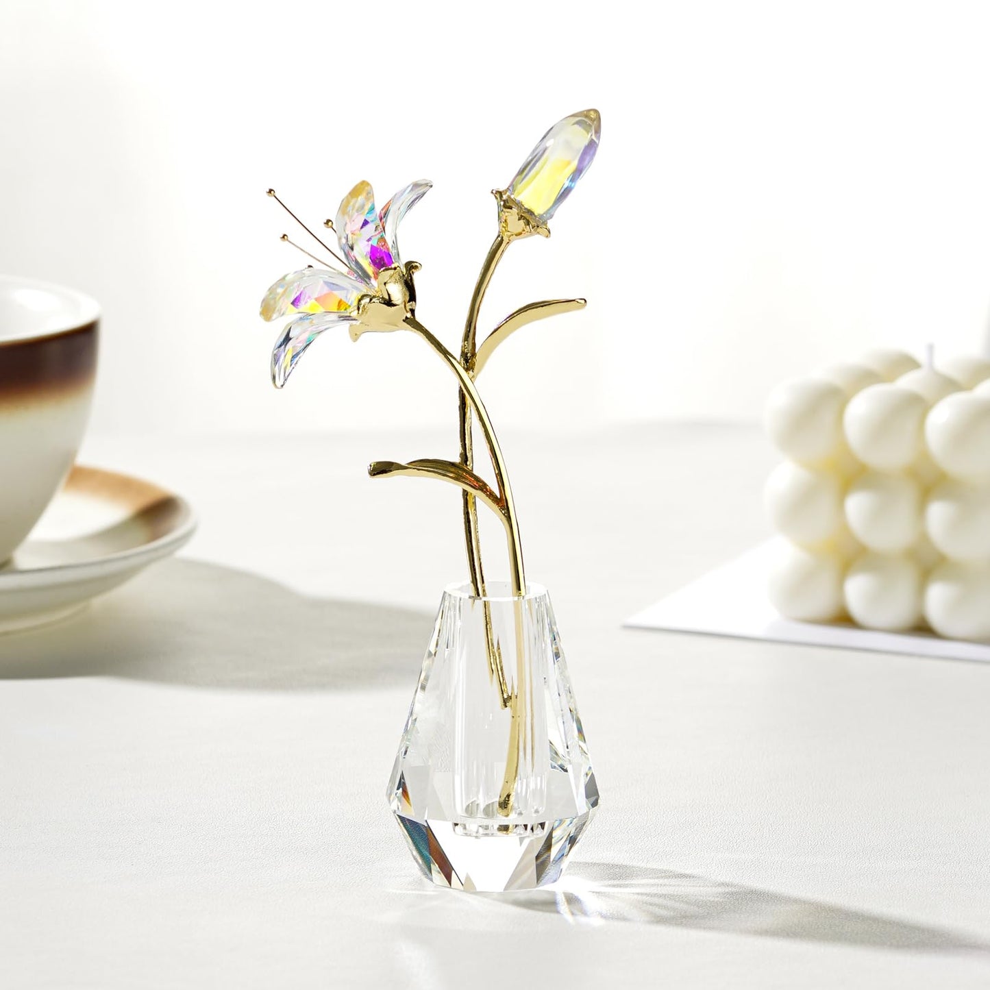 RONG KRISTO Crystal Lily Figurine, Glass Flowers with Stem,Flower Collectible Gifts for Woman, Wedding Party Decor(Transparent)