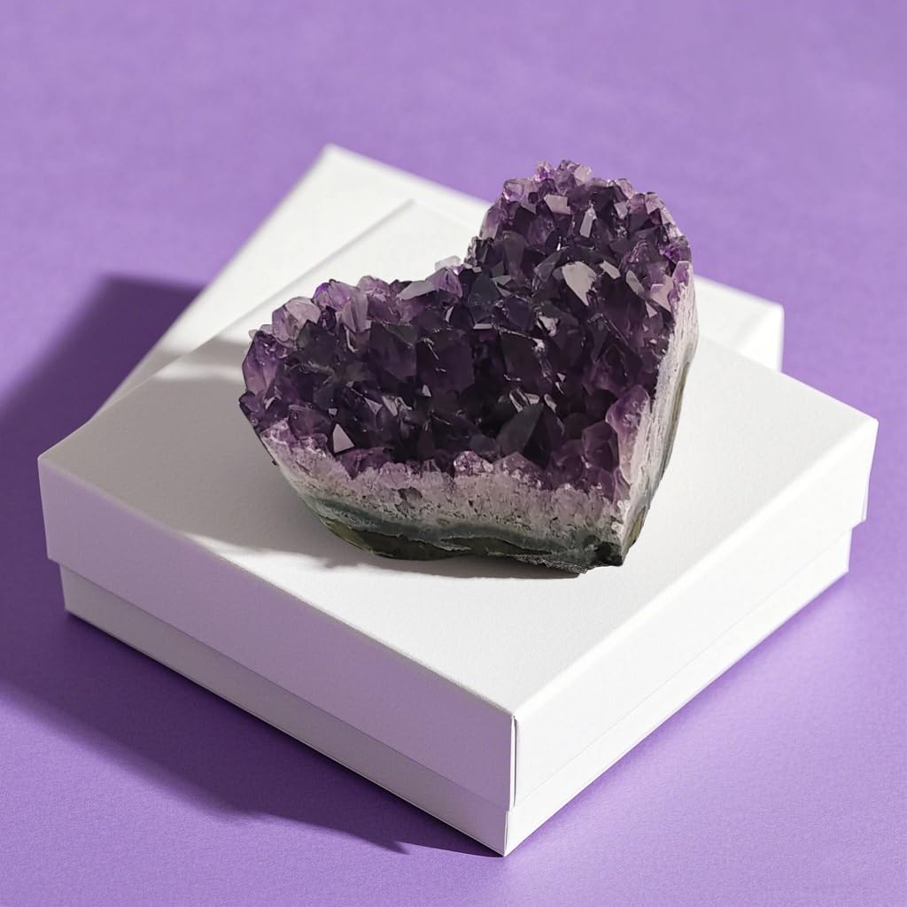 Luckeeper Crystals and Healing Stones Heart Crystal Amethyst Cluster Geode Raw Stones with Display Stand for Home Decor, Meditation, Spiritual Energy, 1Pc 2.34"-2.75"