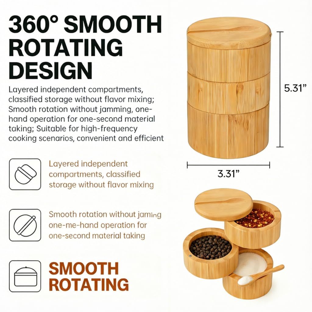 DegoCython 3-Layer Bamboo Salt Container with Magnetic Lid and Spoon, Large Capacity 10.5 Oz (Approx 287.7g) - Ideal for Celtic Sea Salt, Redmond Real & Pepper Storage