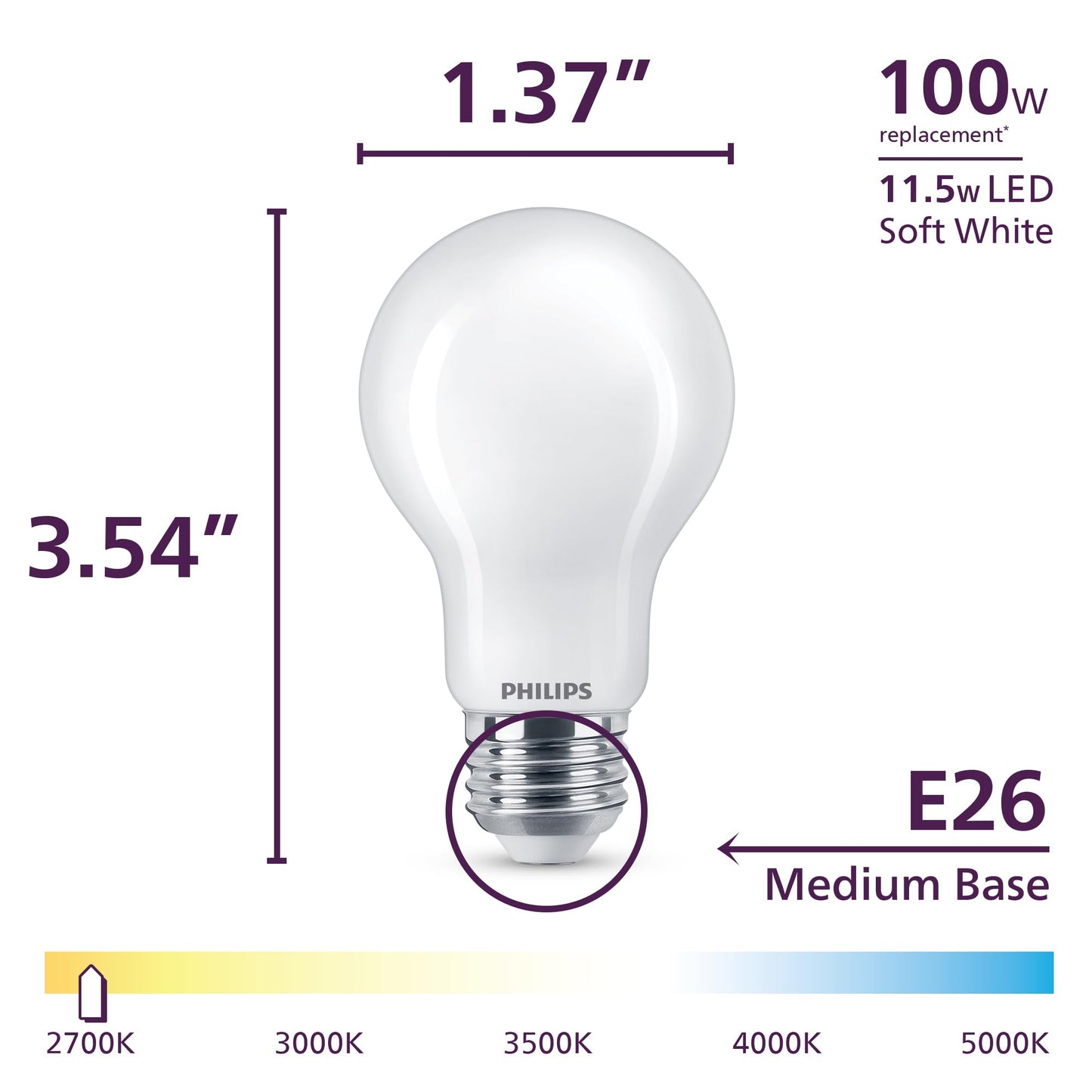 PHILIPS LED 75W A19 4-Pack Ultra Definition Daylight (5000K) 1100 Lumen (9W = 75W) Dimmable Frosted Flicker-Free Light Bulbs