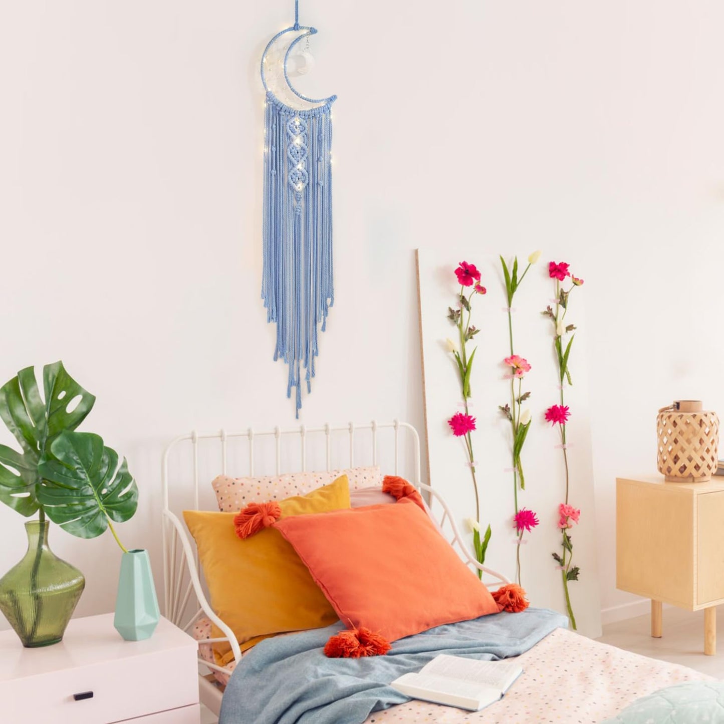 Macrame Moon Dream Catcher for Girl, Blue Boho Crescent Dreamcatcher for Bedroom Adult, Handmade Nursery Room Wall Hanging with Star Pendant for Teen Boy, Bohemian Home Decoration Idea