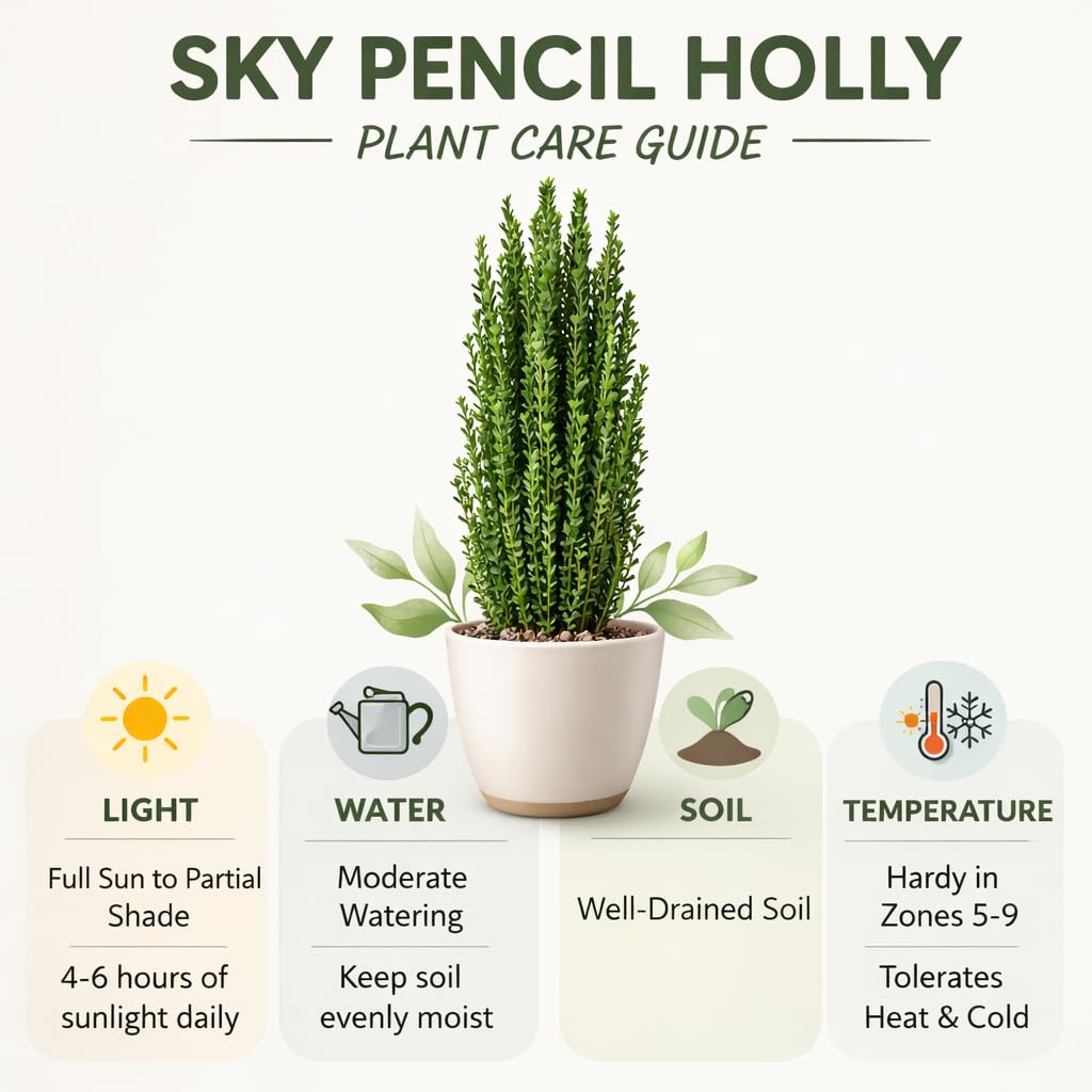 Sky Pencil Holly Live Plant, 4" Pot, 12-18" Tall, Columnar Holly Shrub, Fast Growing Hedge Plant, Ideal for Containers, Entryways or Gardens