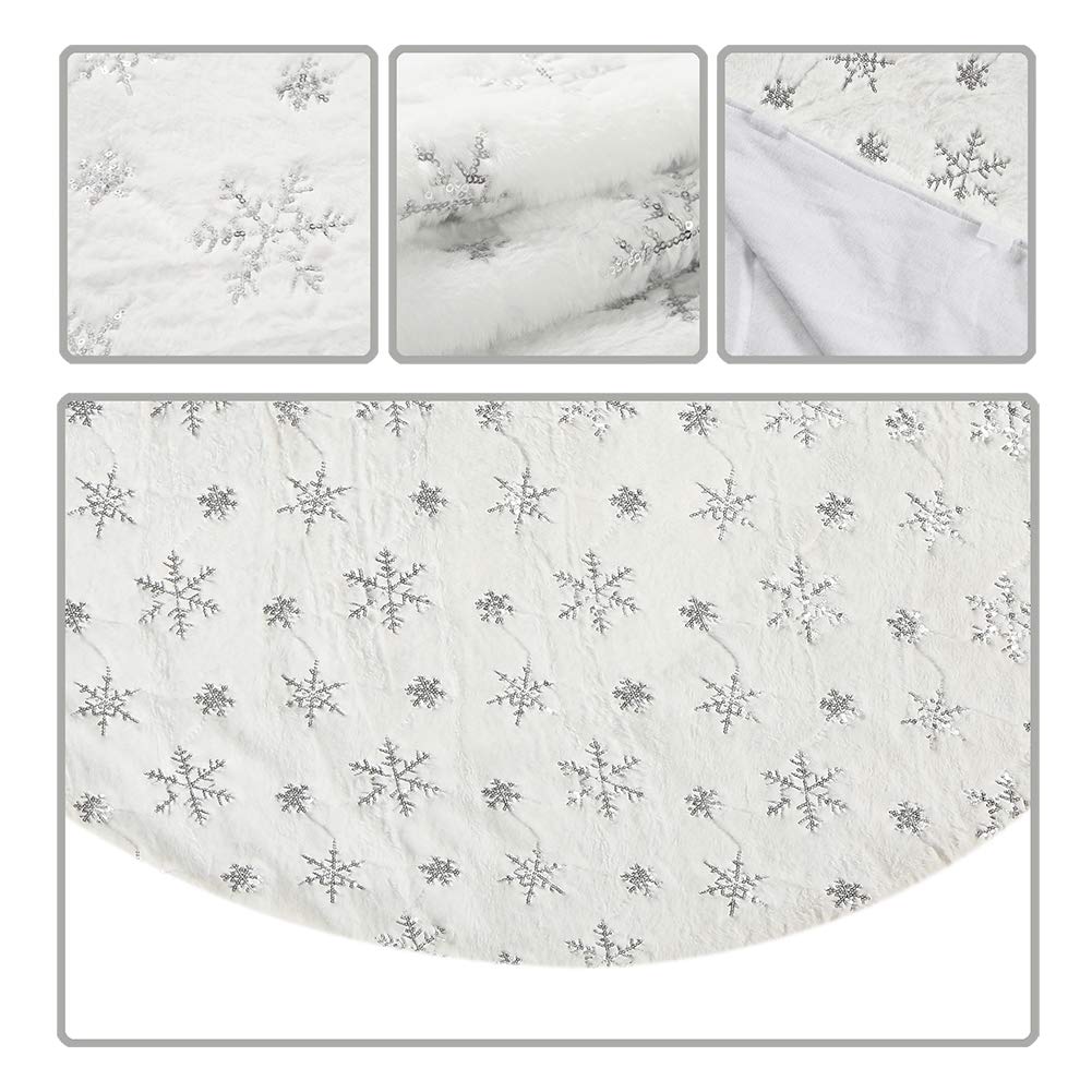 Christmas Sequin Tree Skirt 36in,White Soft Thick with Silver Snowflakes Decorations for 5FT 6FT 7FT Xmas Tree