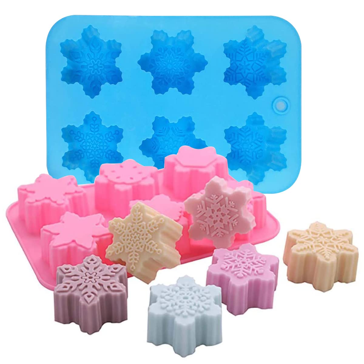 Snowflake Silicone Molds, 2 Pack Cake Pans Cookie Trays Handmade Soap Making Molds Also for Chocolate Mold Pudding Jelly Muffin Ice Cube Tray for Christmas Holiday Party Cake Decor(Pink/Blue)…