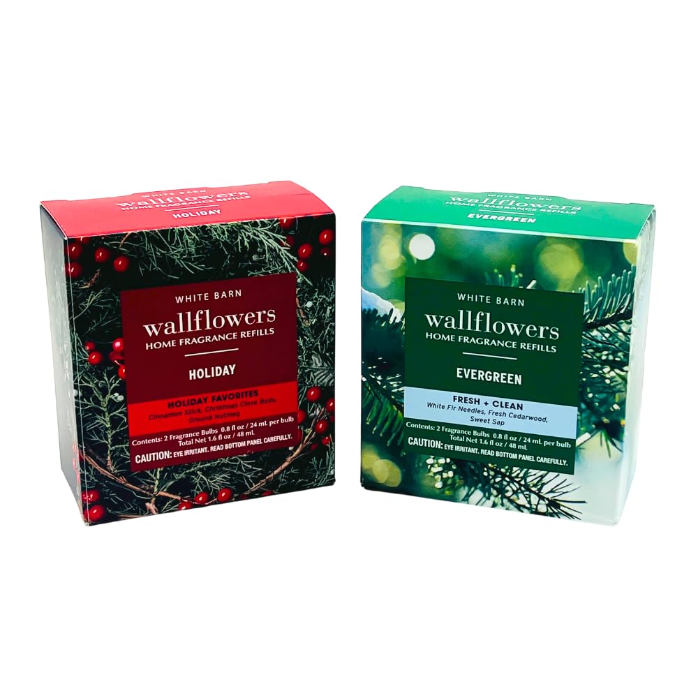 Bath & Body Works HOLIDAY & EVERGREEN Wallflowers Home Fragrance Refill 2pc Bundle Gift Set with 30-Inch Metallic Silver Ribbon Bow – Winter & Christmas Scents - 0.8 fl oz Each