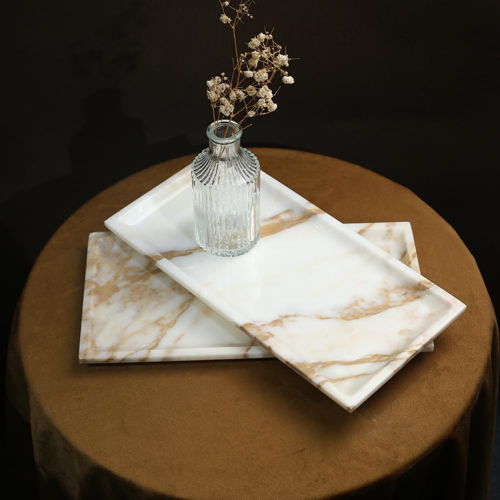 DUANYAN Natural Marble Tray for Kitchen Counter Living Room, Stone Plate for Fruit Jewelry Perfume Cosmetics Key, Decorative Tray for Table Decor (Calacatta-Glod/Rectangular 11.8"x5.9"x0.7")