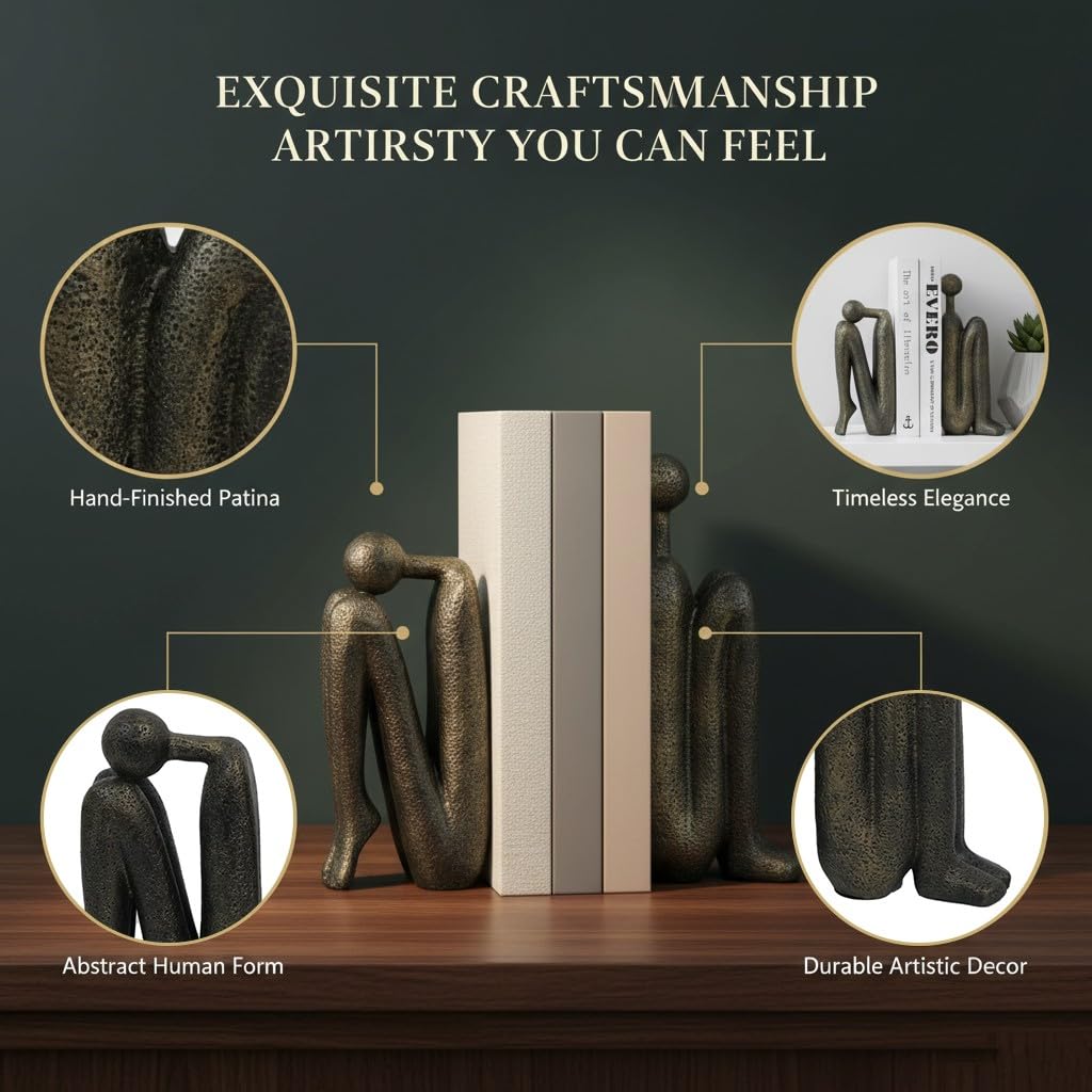 Thinker Decorative Bookends for Shelves, 1 Pair Heavy-Duty Book Ends Holder, Resin Book Stopper for Office Home Living Room Decor