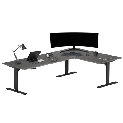 Progressive Desk Electric Stand Up Height Adjustable Standing Desk - Large 90" x 60" L Shaped Corner Rising Computer Workstation Table - Gray Oak, Black Frame