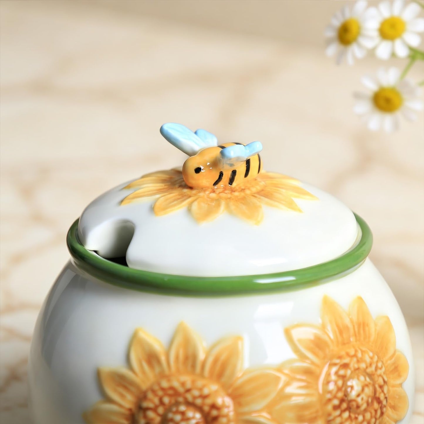 WAIT FLY Embossed Sunflower and Bee Ceramic Sugar Bowl with Lid and Spoon, Sugar Container, Sugar Jar for Kitchen Countertop, Coffee Bar-A