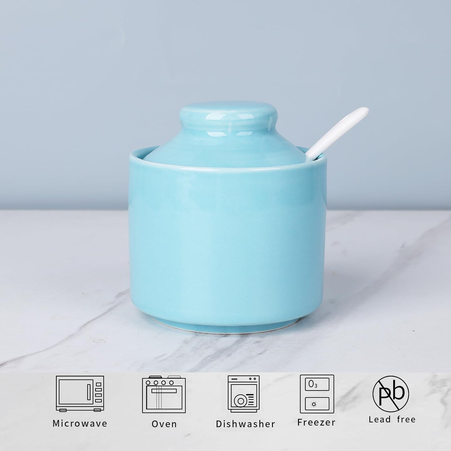 HAOTOP 8 oz Sugar Bowl with Lid and Spoon,Ceramic Sugar Jar Sugar Dispenser Sugar Container Coffee Bar Accessories, Kitchen Countertop Canisters (Turquoise)