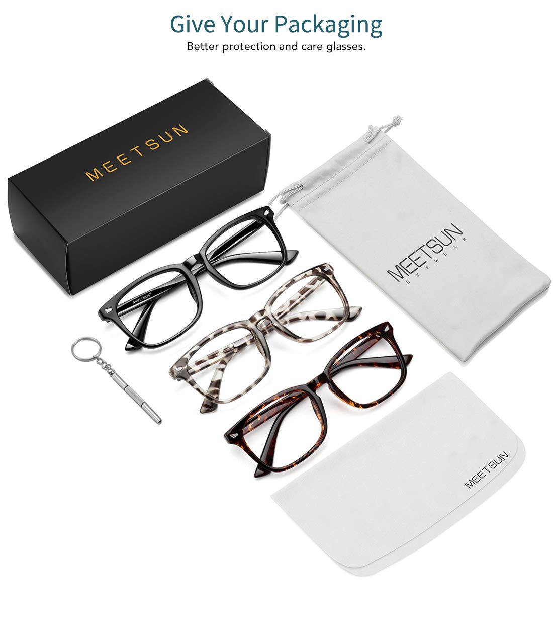 MEETSUN Blue Light Blocking Glasses, Anti Eye Strain Headache (Sleep Better),Computer Reading Glasses UV400 Transparent Lens (Black+Leopard+Tortoise, 53)