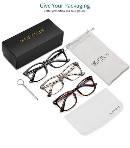MEETSUN Blue Light Blocking Glasses, Anti Eye Strain Headache (Sleep Better),Computer Reading Glasses UV400 Transparent Lens (Black+Leopard+Tortoise, 53)
