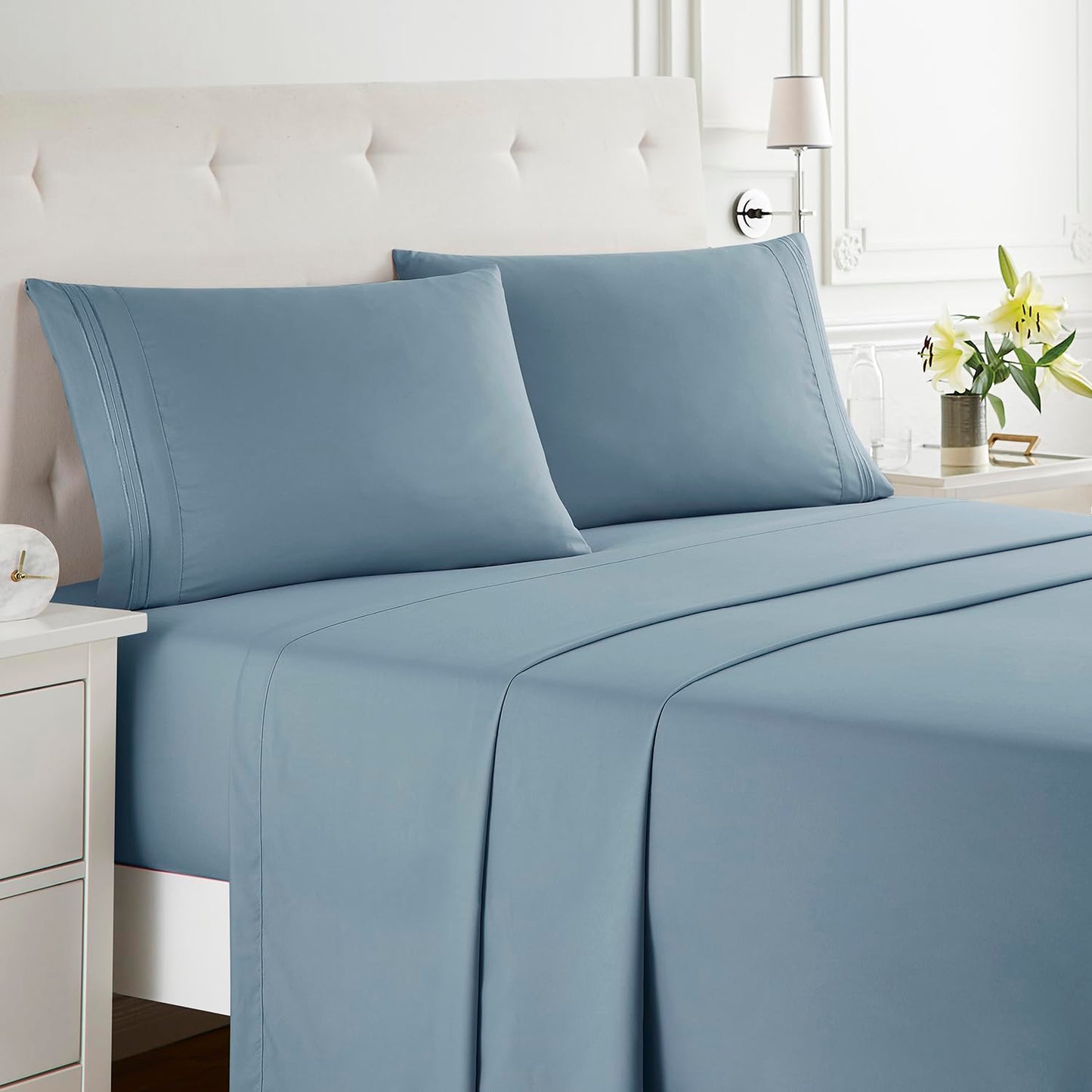 Clara Clark Bed Sheets, Premier 1800 Series Bed Sheet Set, Deep Pocket, Wrinkle, Fade, Stain Resistant, Luxury Soft Bedding Sheets & Pillowcases, Queen, Stone Blue
