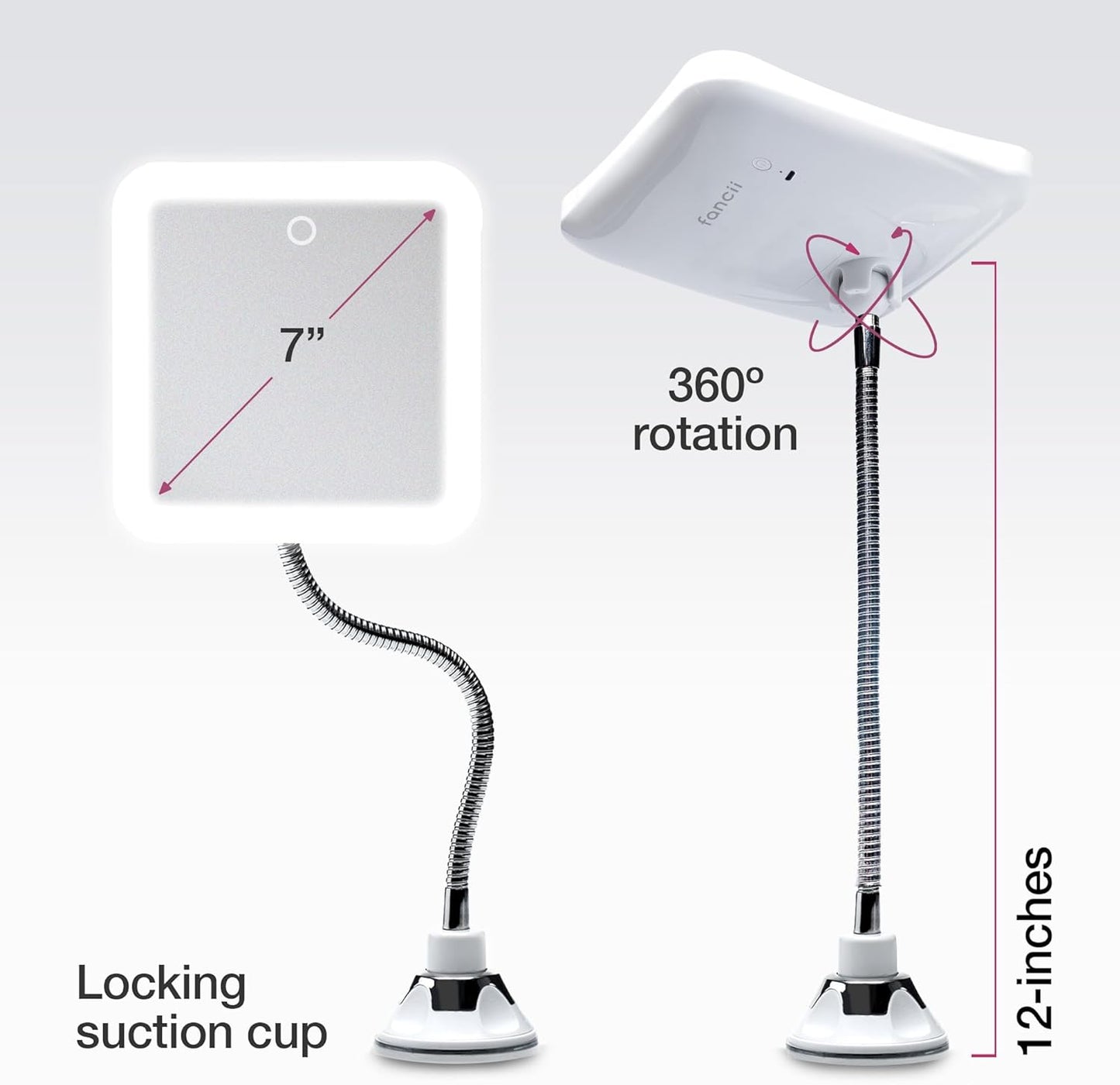 Fancii 10x Flexible Magnifying Mirror with 3 LED Light Settings, Rechargeable - Gooseneck Lighted Makeup Mirror for Bathroom, Locking Suction Mount, Cordless, 360° Rotatable (Mira 2 Plus)