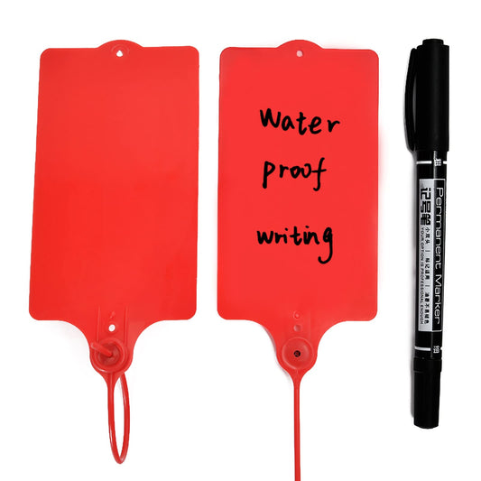 LeadSeals 100 Plastic Shipping Tags - Waterproof, Writable, Hanging Tags with One Red Marker Pen