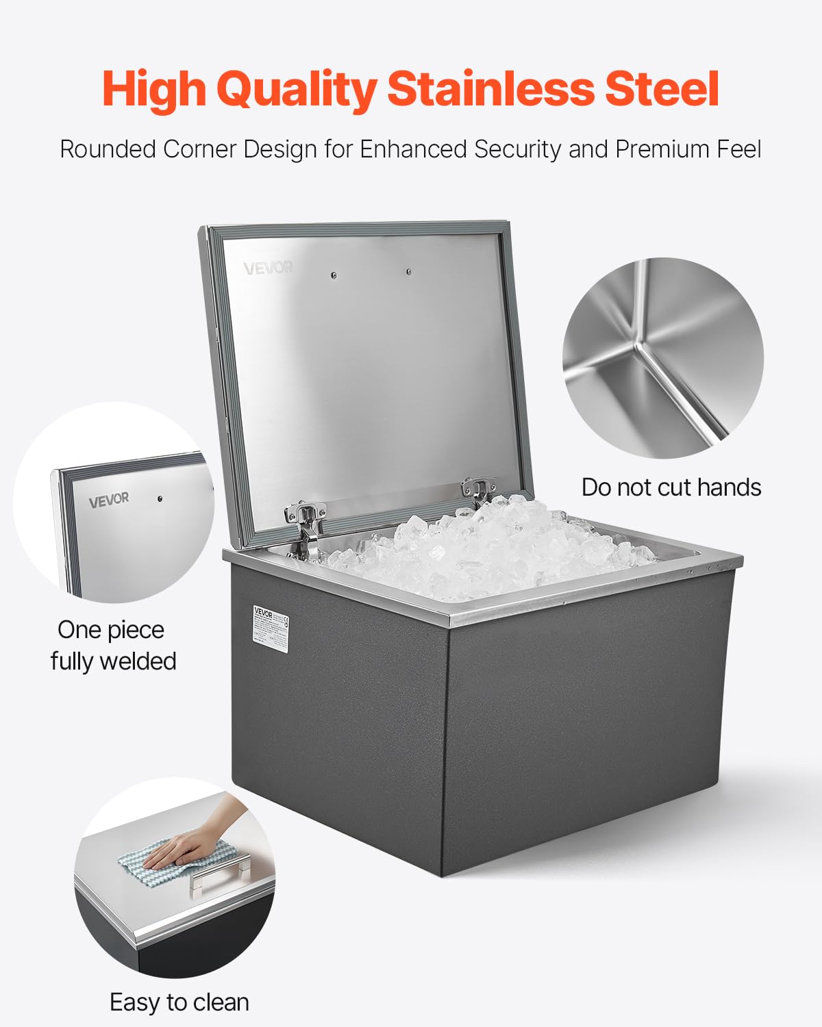 VEVOR Drop in Ice Chest, 20" L x 16" W x 13" H Stainless Steel Drop in Cooler, 44.7 Quart Commercial Ice Bin with Flip Lid for Outdoor Kitchen Patio Bar, Drain-Pipe Set Included, for Cold Wine Beer