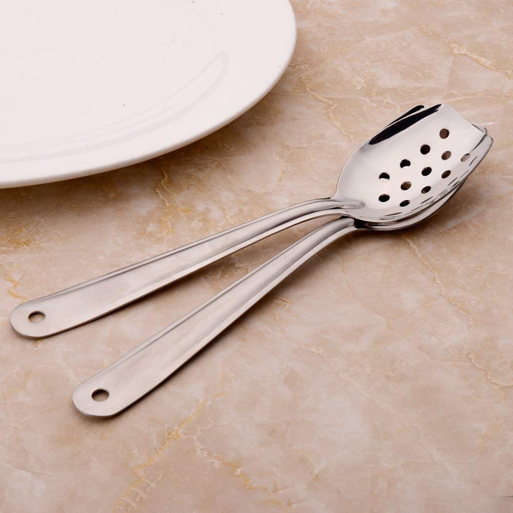 IMEEA 10 Inch Flat Bottom Scraping Cooking Spoon Set of 2, 18/8 Stainless Steel Slotted & Solid Stirring Spoon, Flat Edge Kitchen Spoon for Stir Fry, Sauce, Soup, Instant Pot