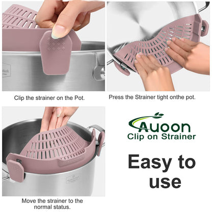 AUOON Clip On Strainer Silicone for All Pots and Pans, Pasta Strainer Clip on Food Strainer for Meat Vegetables Fruit Silicone Kitchen Colander