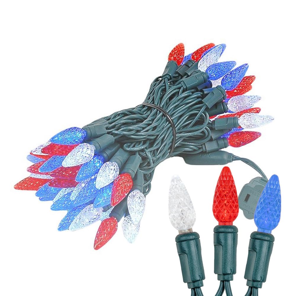 Novelty Lights 24FT 70 LED C6 Outdoor USA String Lights, Commercial Grade Christmas Tree Decorations (Red/White/Blue)