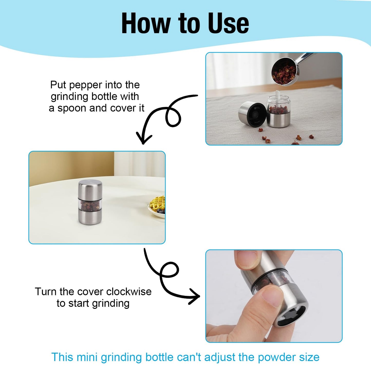 WRENYZK 4pcs Mini Salt and Pepper Grinder Set, Portable Travel Salt and Pepper Sets with Scoop of Bag Clip and Cleaning Brush, Refillable Spice Mill Stainless Steel Grinder for Home Kitchen BBQ