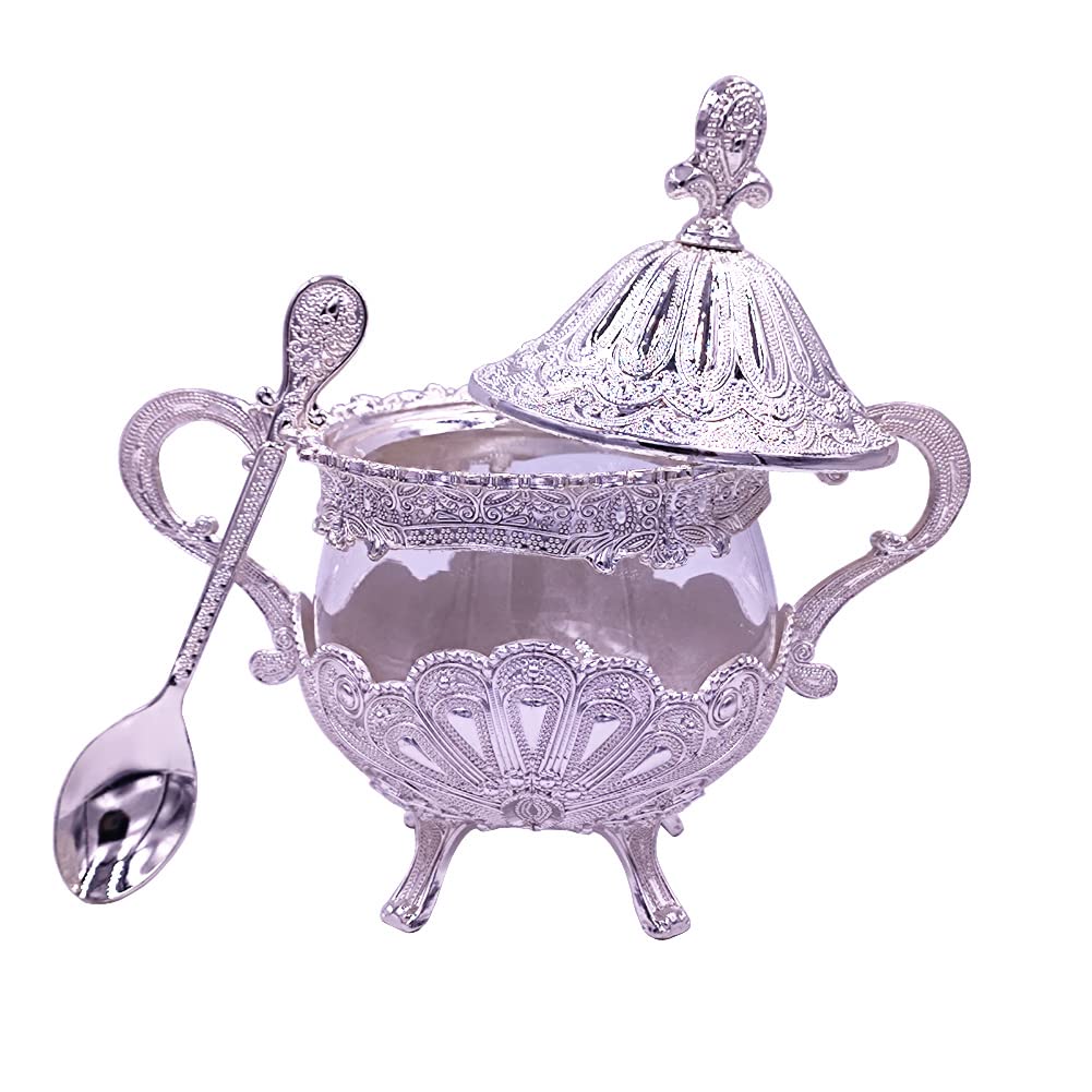 Hourwof Sugar Bowl with Lid and Spoon for Kitchen Coffee Bar and Wedding Party,Metal and Glass Sugar Container for Sugar Cube and Powder Sugar,Spice Condiment Container,Salt Server,Silver